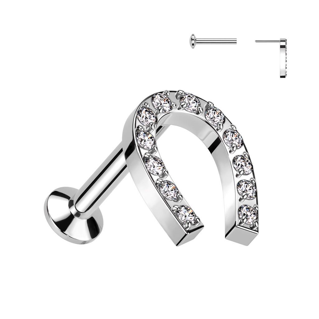 316L Surgical Steel Threadless Push In Labret With Convex Back and CNC Set CZ Horseshoe Top