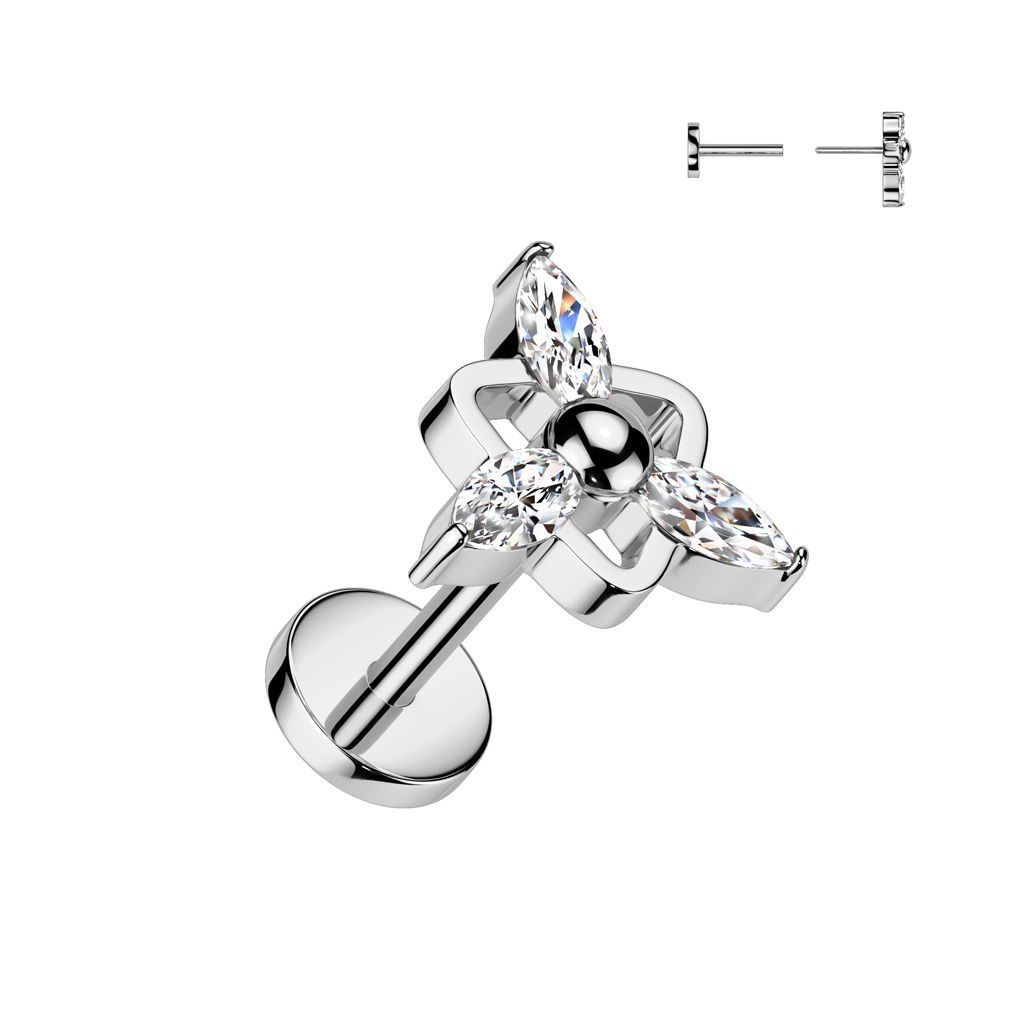 Implant Grade Titanium Threadless Push In 20ga Flat Back Earring Stud With Ball Center Triangle and 3 Marquise CZ Top