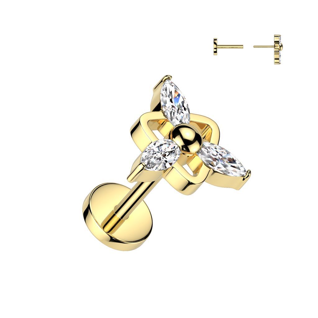 Implant Grade Titanium Threadless Push In 20ga Flat Back Earring Stud With Ball Center Triangle and 3 Marquise CZ Top