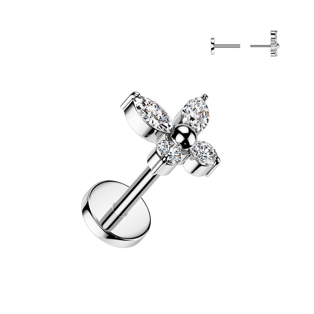 Implant Grade Titanium Threadless Push In 20ga Flat Back Earring Stud With CZ Butterfly Top