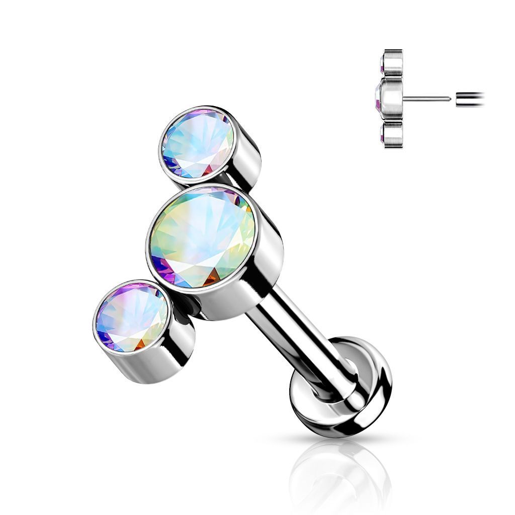 Implant Grade Titanium Threadless Push in Labret With 3 Round Bezel Set CZ Curved Top