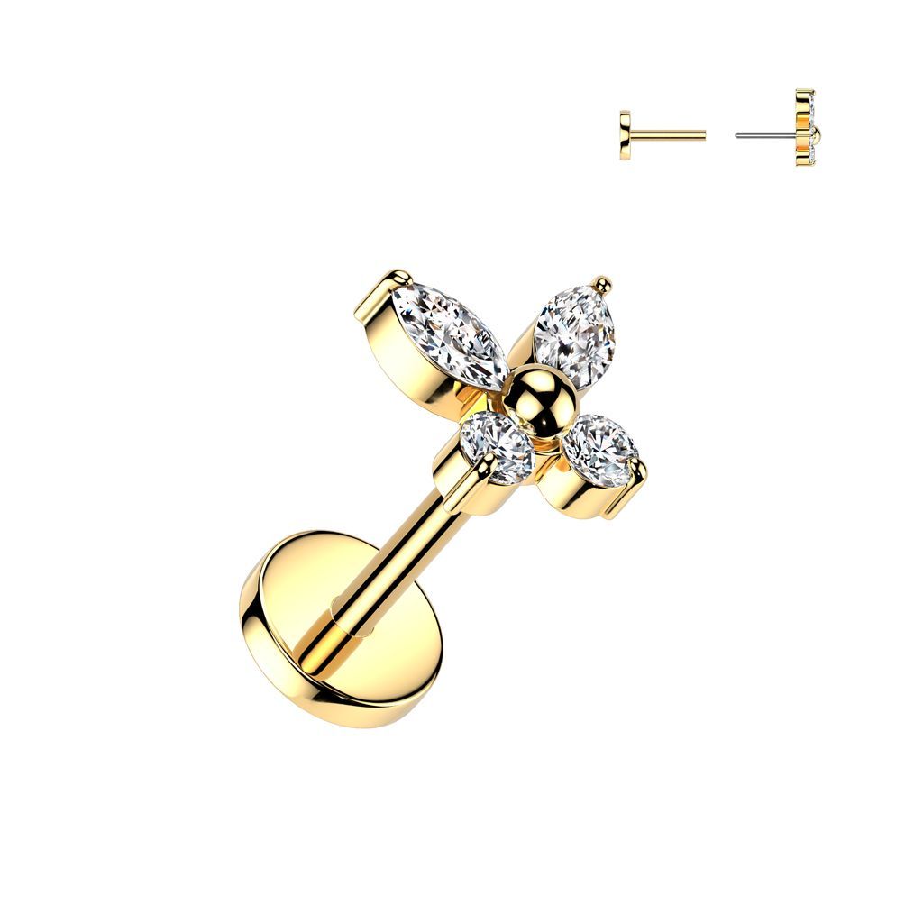 Implant Grade Titanium Threadless Push In 20ga Flat Back Earring Stud With CZ Butterfly Top