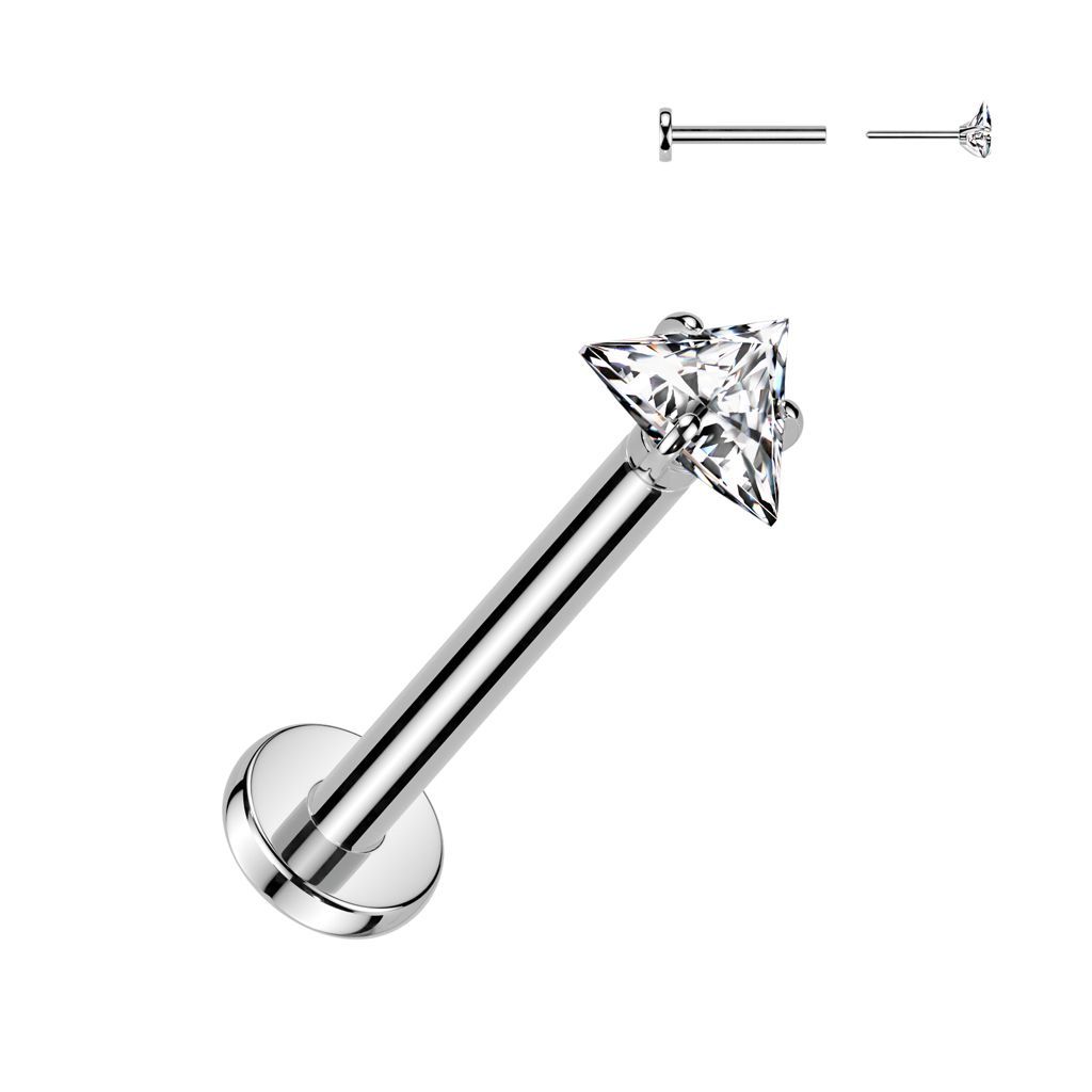 Implant Grade Titanium Threadless Push In Labret With Prong Set Triangle CZ Top