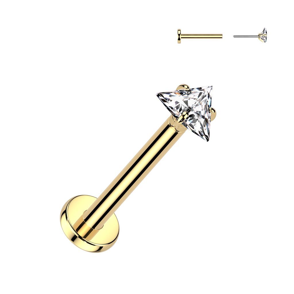 Implant Grade Titanium Threadless Push In Labret With Prong Set Triangle CZ Top