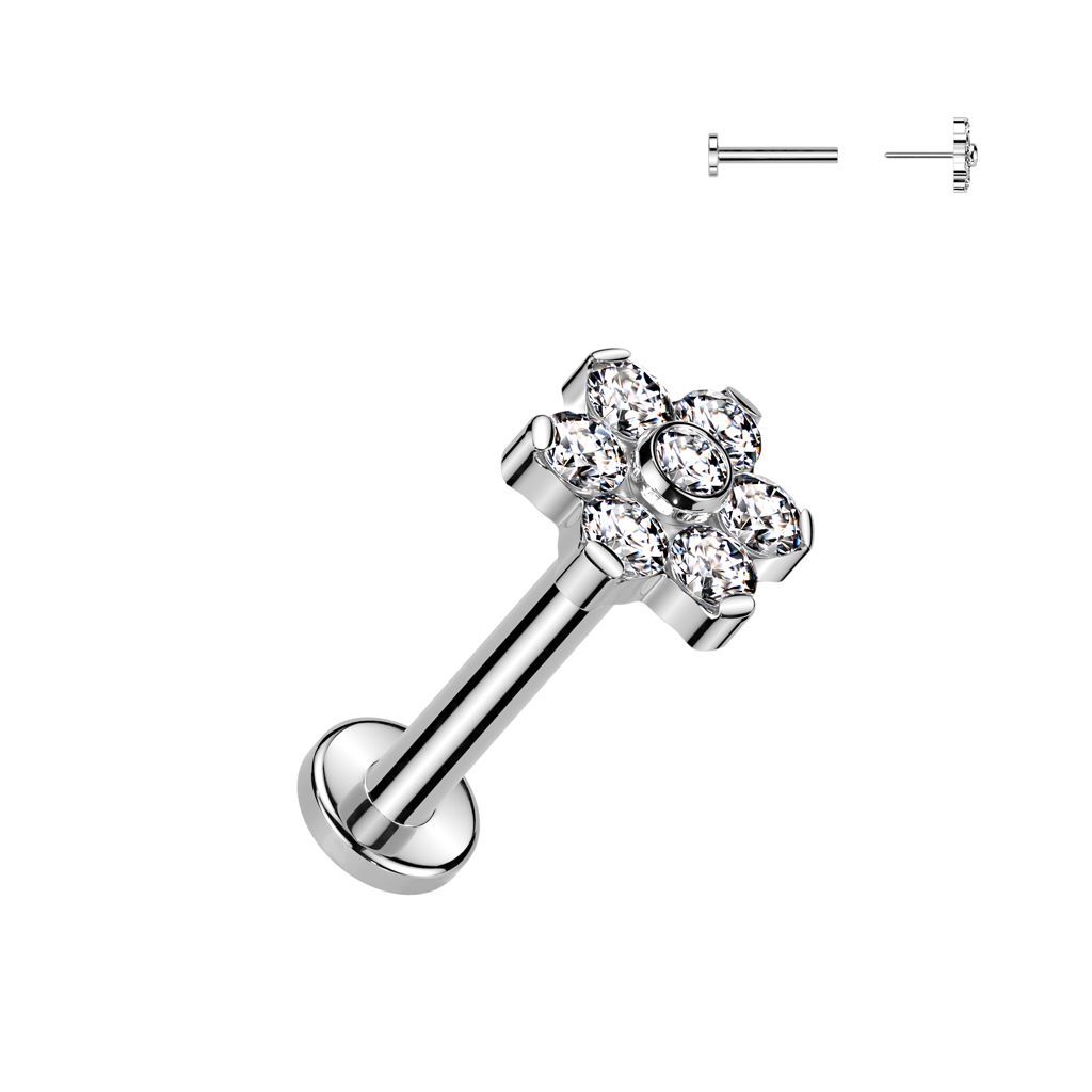 Implant Grade Titanium Threadless Push In Labret With CZ Flower Top and Bezel Set Center and Prong Set Petals