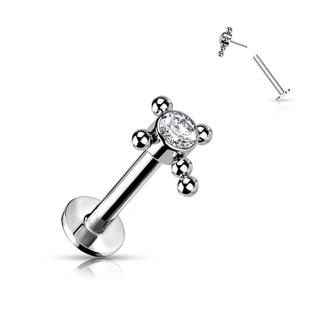 Implant Grade Titanium Threadless Push In Labret With Bezel Set CZ or Opal Center Beaded Ball Cross Top