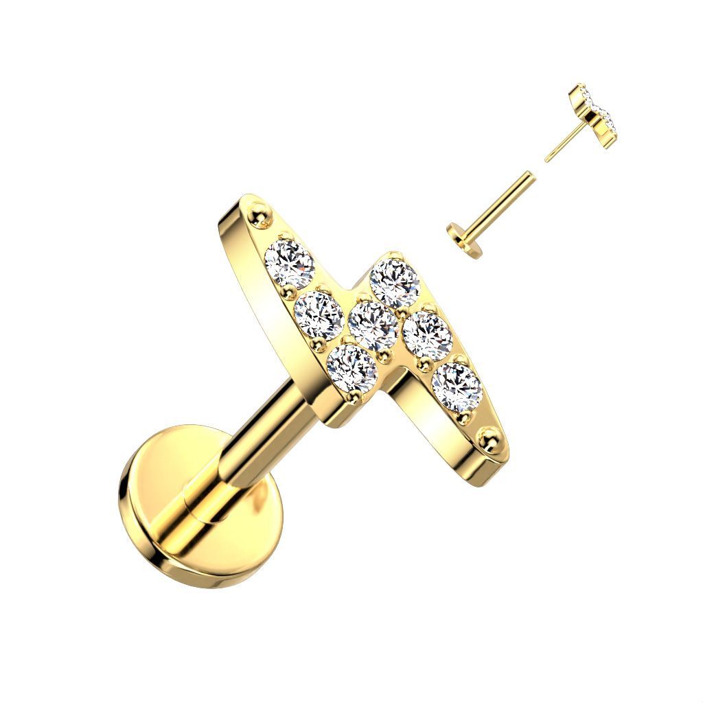 Implant Grade Titanium Threadless Push In Labret With Lightning Bolt CNC Set CZ Top