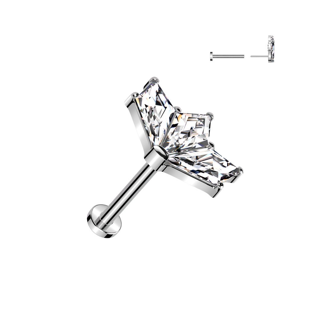 Implant Grade Titanium Threadless Push In Labret With 3 Kite Diamond CZ Fan Top