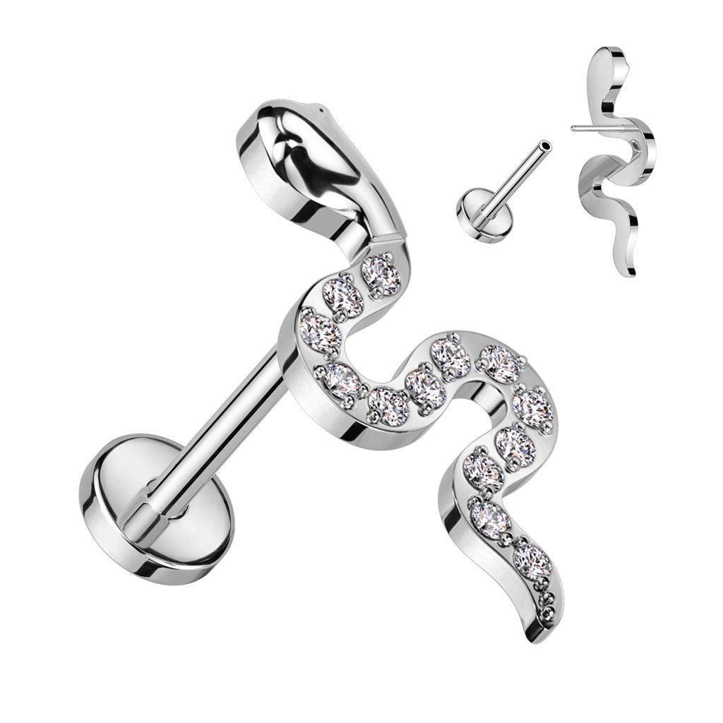 Implant Grade Titanium Threadless Push In Labret With CZ Pave Snake Top