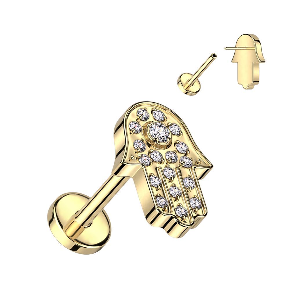 Implant Grade Titanium Threadless Push In Labret With Hamsa Pave CZ Top