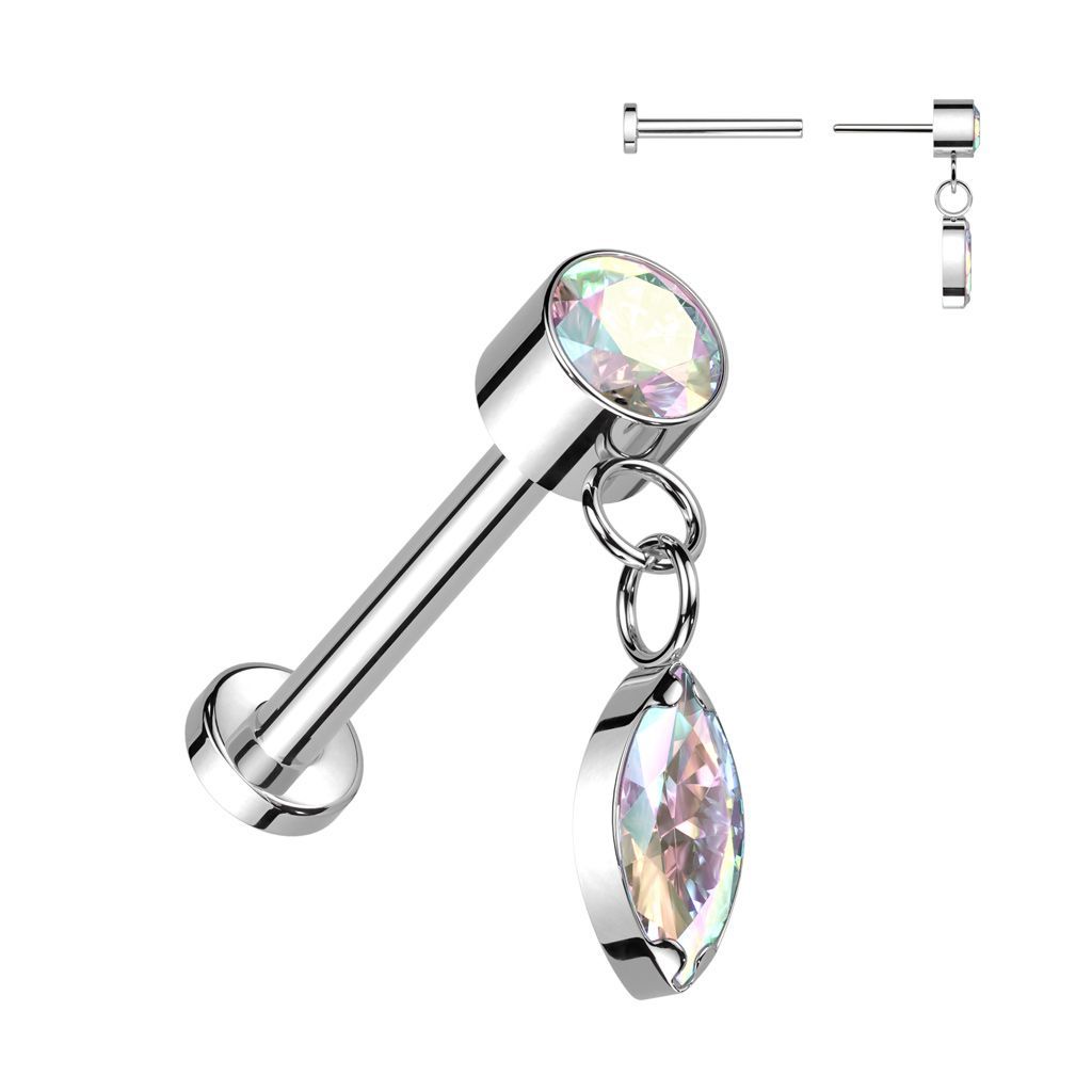Implant Grade Titanium Threadless Push In Labret With Round Bezel Set CZ and Marquise CZ Dangle Top