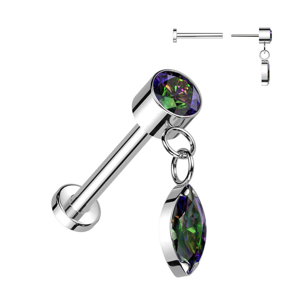 Implant Grade Titanium Threadless Push In Labret With Round Bezel Set CZ and Marquise CZ Dangle Top