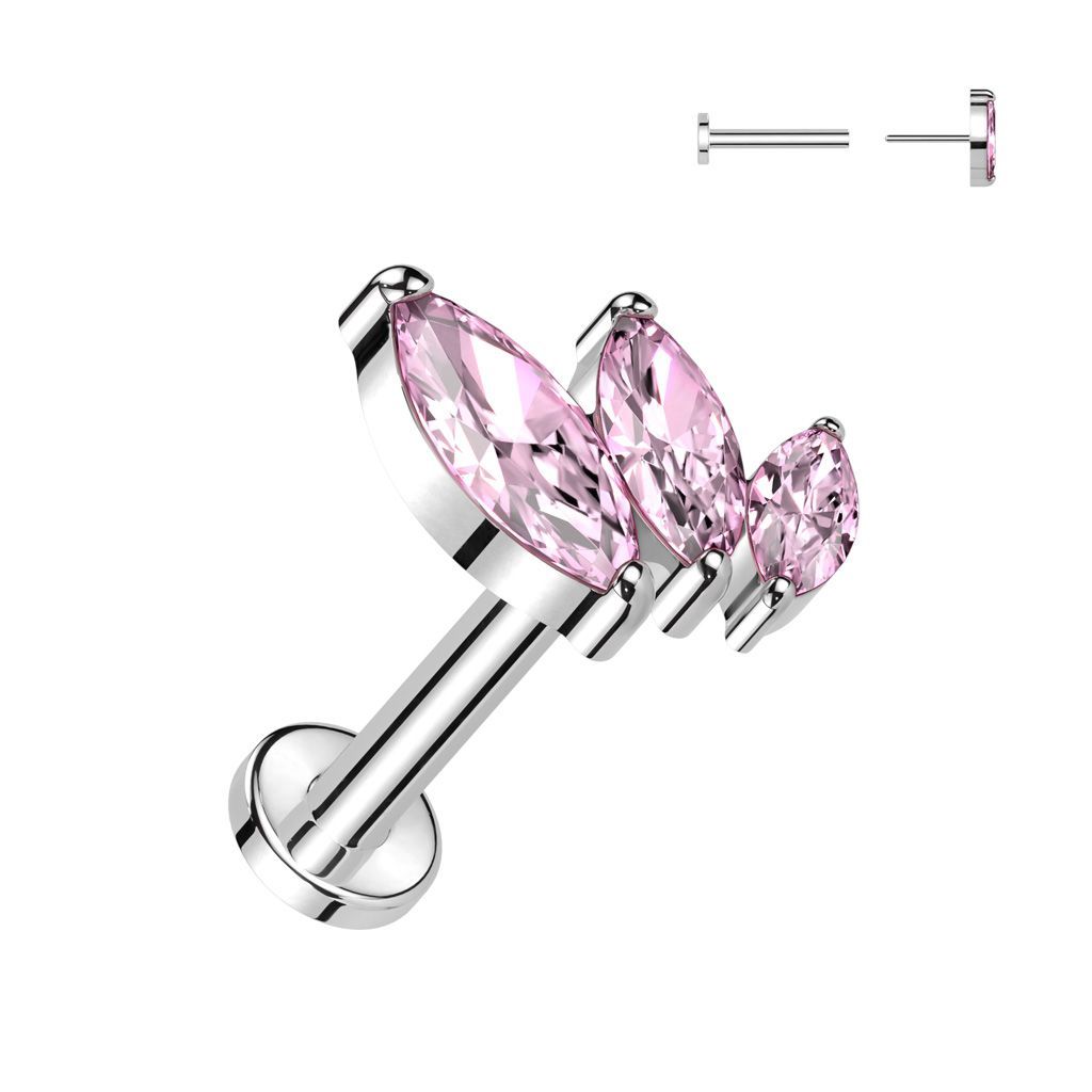 Implant Grade Titanium Threadless Push In Labret With Triple Marquise CZ Top