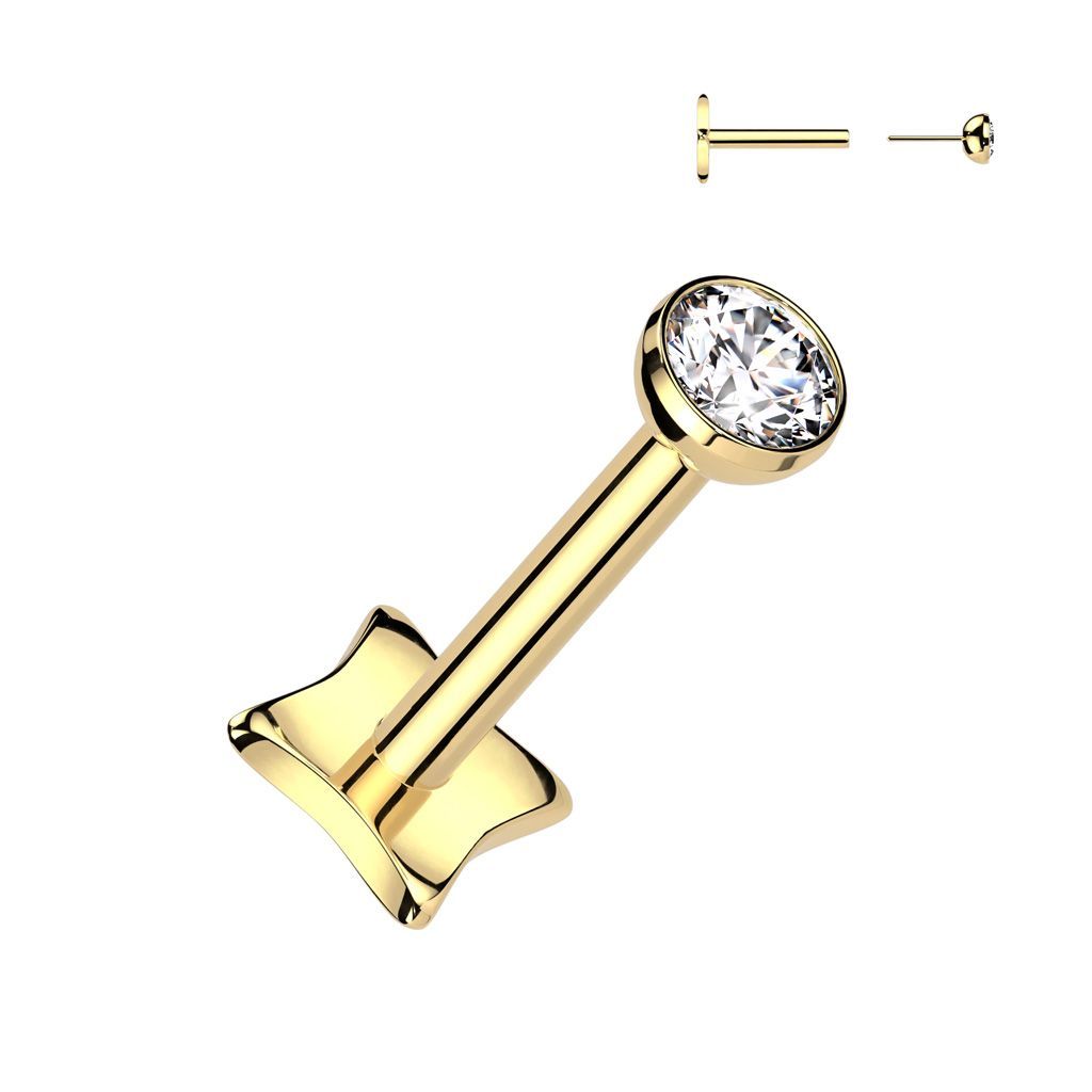 Implant Grade Titanium Threadless Push In Diamond Base Labret With Bezel Set CZ Ball Top
