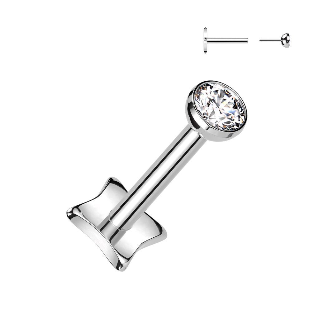 Implant Grade Titanium Threadless Push In Diamond Base Labret With Bezel Set CZ Ball Top