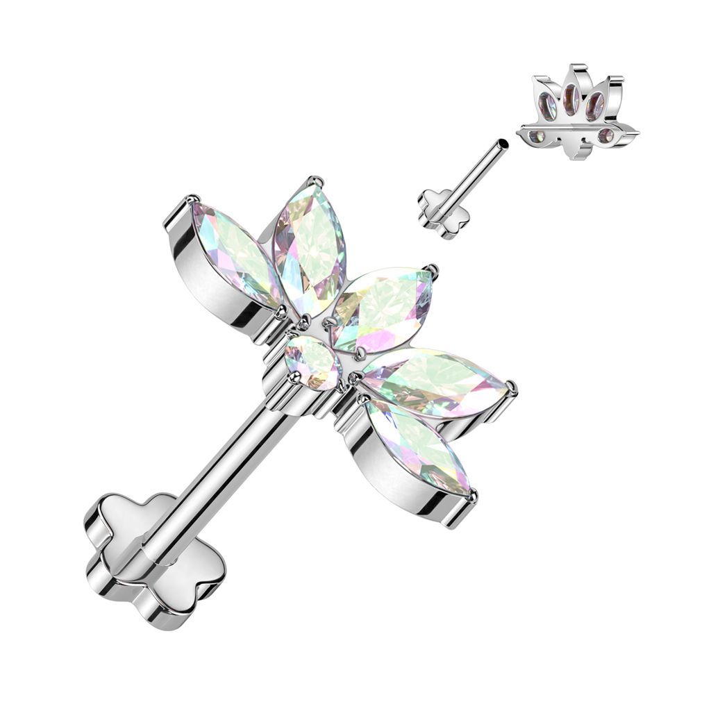 Implant Grade Titanium Threadless Push In Flower Base Labret With Marquise CZ Lotus Flower Top