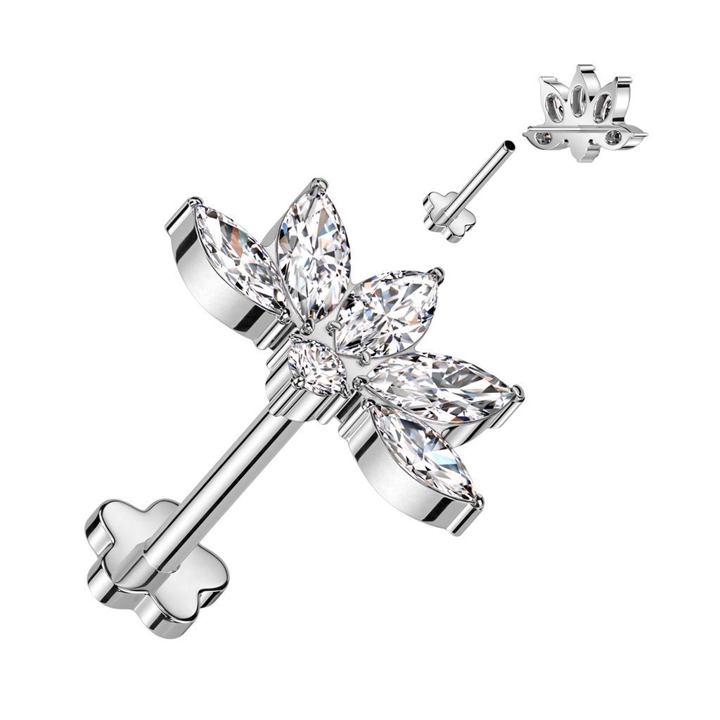 Implant Grade Titanium Threadless Push In Flower Base Labret With Marquise CZ Lotus Flower Top