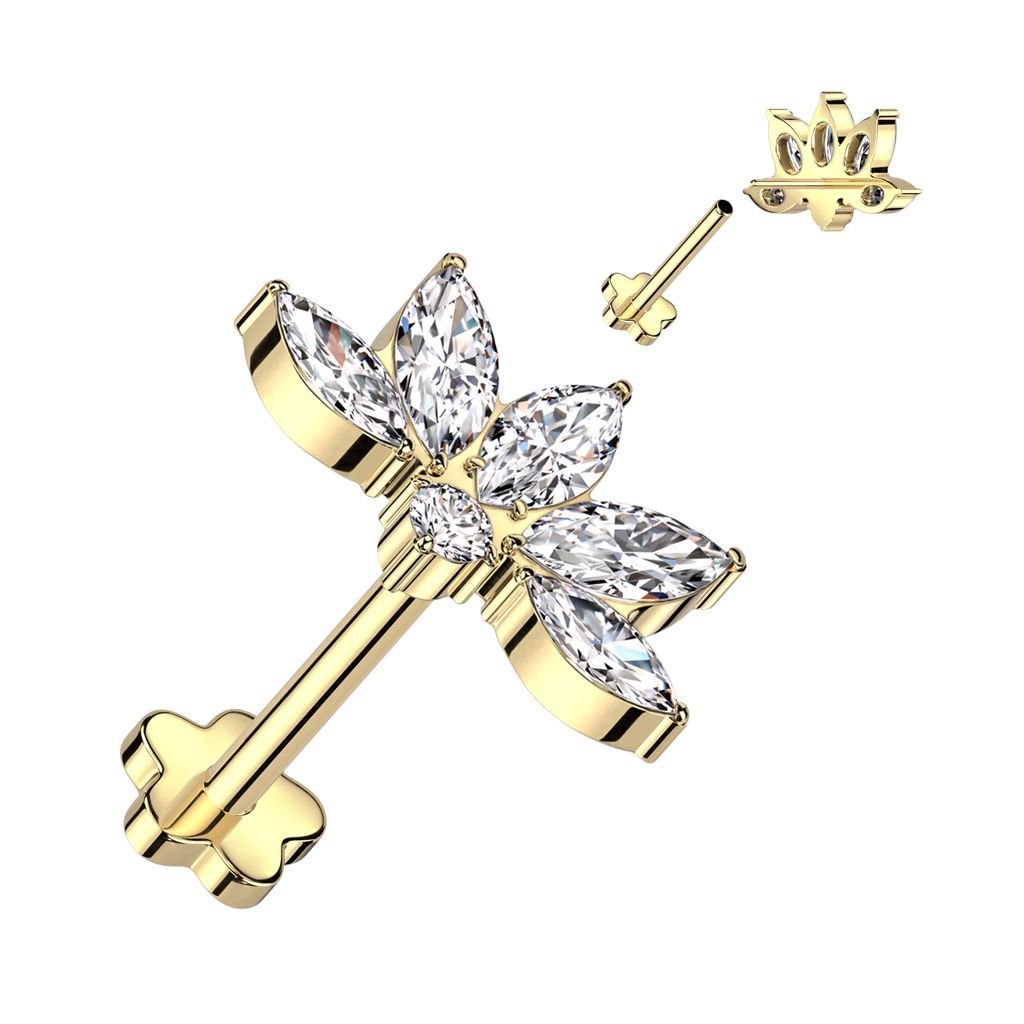 Implant Grade Titanium Threadless Push In Flower Base Labret With Marquise CZ Lotus Flower Top