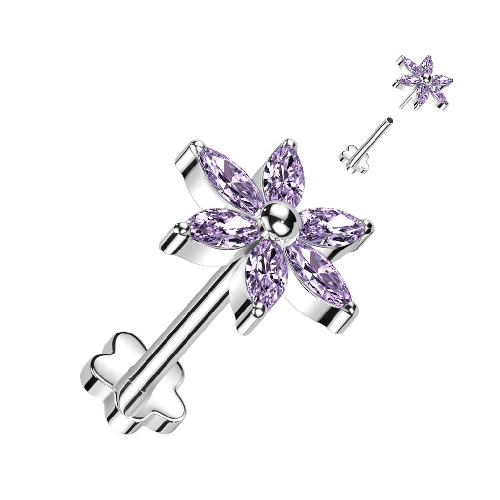 Implant Grade Titanium Threadless Push In Flower Base Labret With 6 Marquise CZ Petals Flower Top