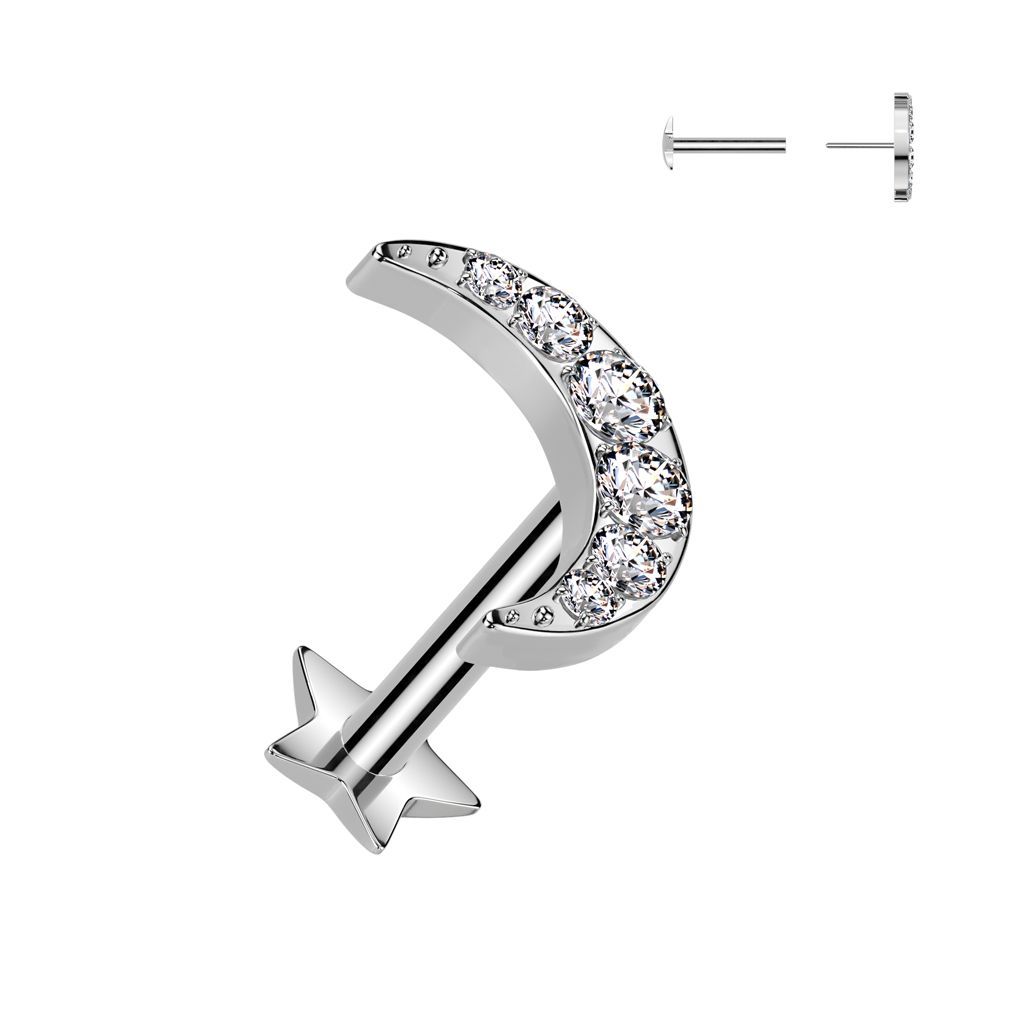 Implant Grade Titanium Threadless Push In Star Base Labret With 6 CNC Set CZ Crescent Moon Top