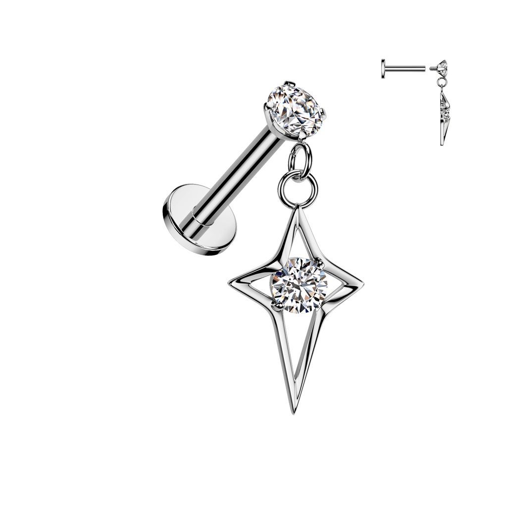 316L Surgical Steel Internally Threaded Round Prong Set CZ Top With CZ Center Hollow Star Cross Dangle Labret Flat Back Stud