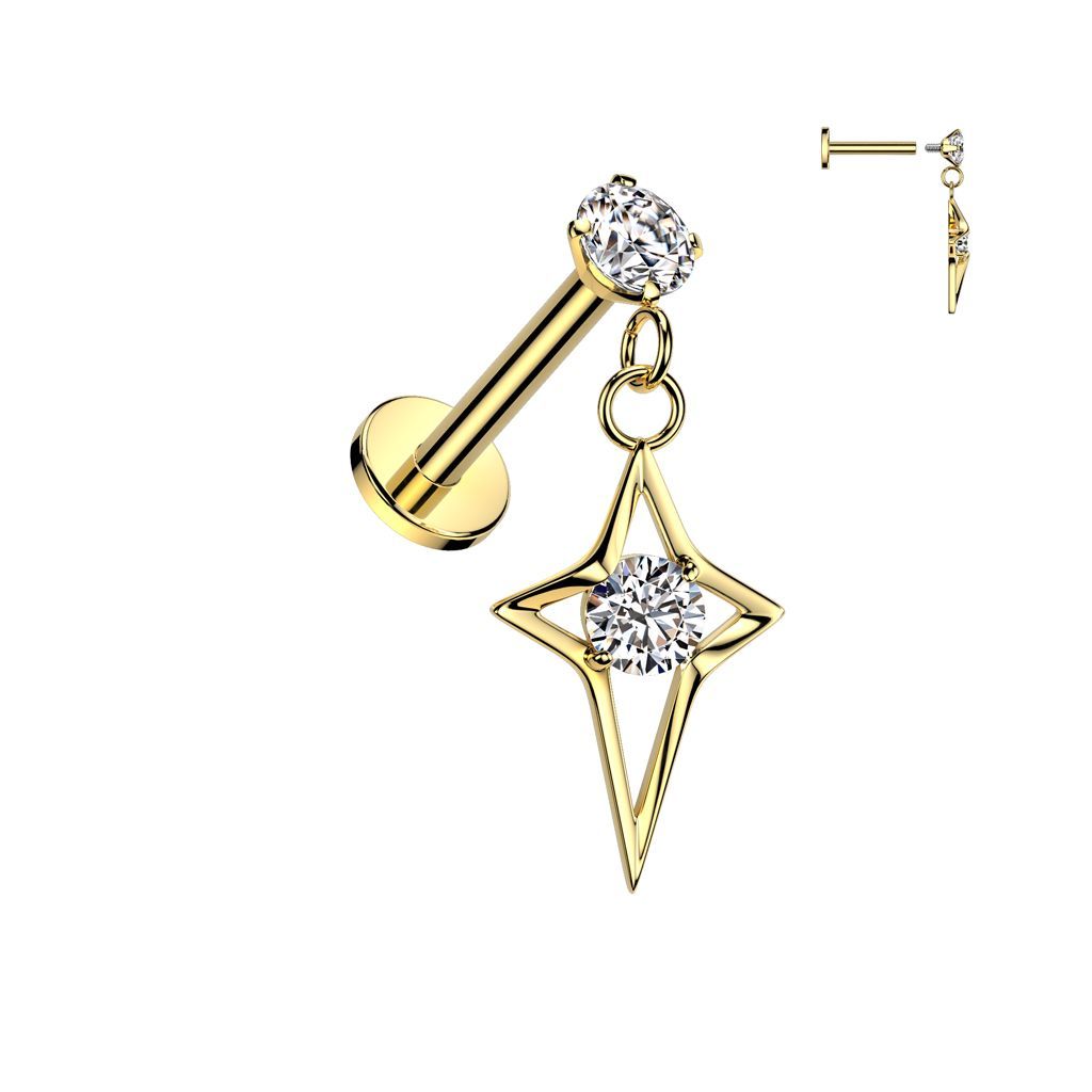 316L Surgical Steel Internally Threaded Round Prong Set CZ Top With CZ Center Hollow Star Cross Dangle Labret Flat Back Stud