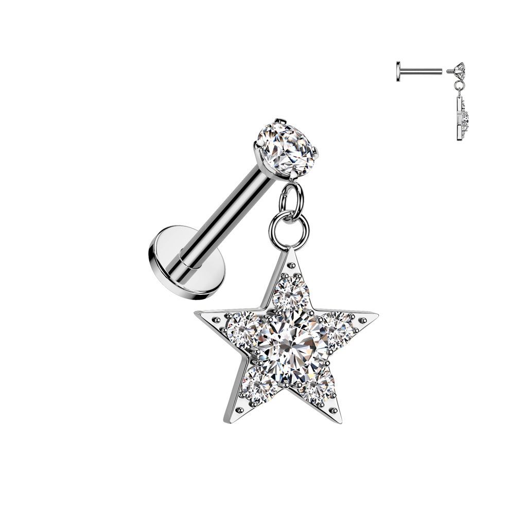 316L Surgical Steel Internally Threaded Round Prong Set CZ Top With CZ Star Dangle Labret, Flat Back Stud