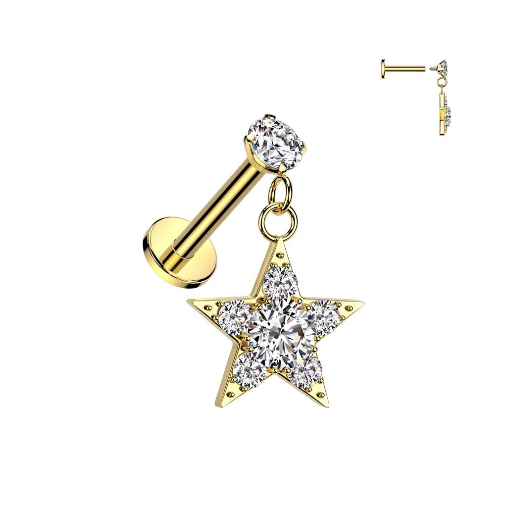 316L Surgical Steel Internally Threaded Round Prong Set CZ Top With CZ Star Dangle Labret, Flat Back Stud