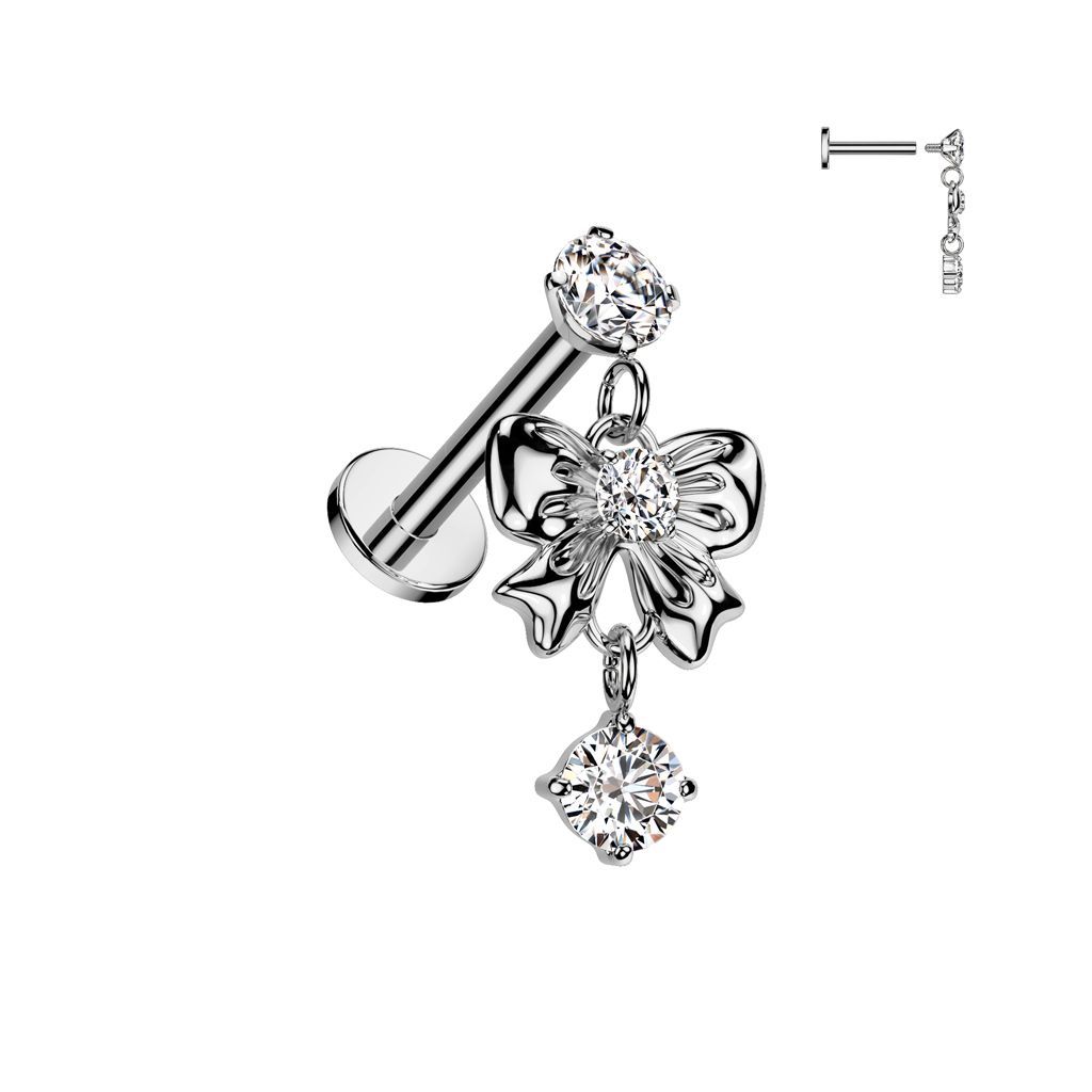 316L Surgical Steel Internally Threaded Round Prong Set CZ Top With CZ Center Ribbon Dangle Labret, Flat Back Stud