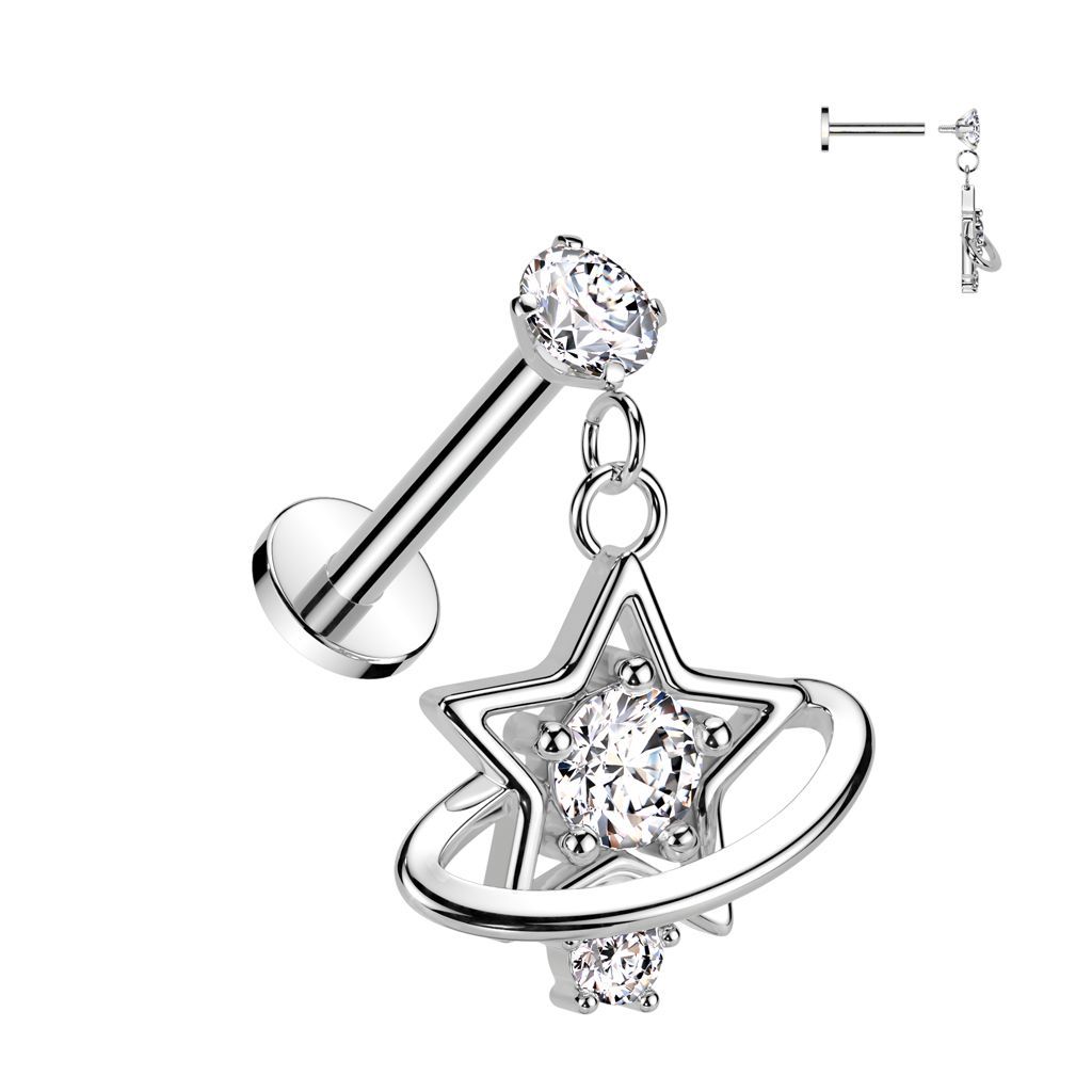 316L Surgical Steel Internally Threaded Round Prong Set CZ Top With CZ Star Saturn Ring Dangle Labret Flat Back Stud