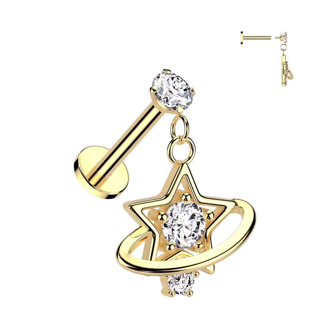 316L Surgical Steel Internally Threaded Round Prong Set CZ Top With CZ Star Saturn Ring Dangle Labret Flat Back Stud