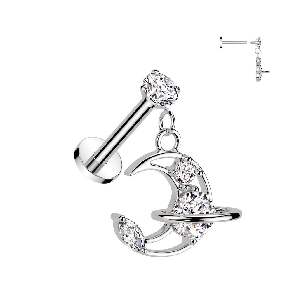 316L Surgical Steel Internally Threaded Round Prong Set CZ Top With CZ Saturn Ring Crescent Moon Dangle Labret Flat Back Stud