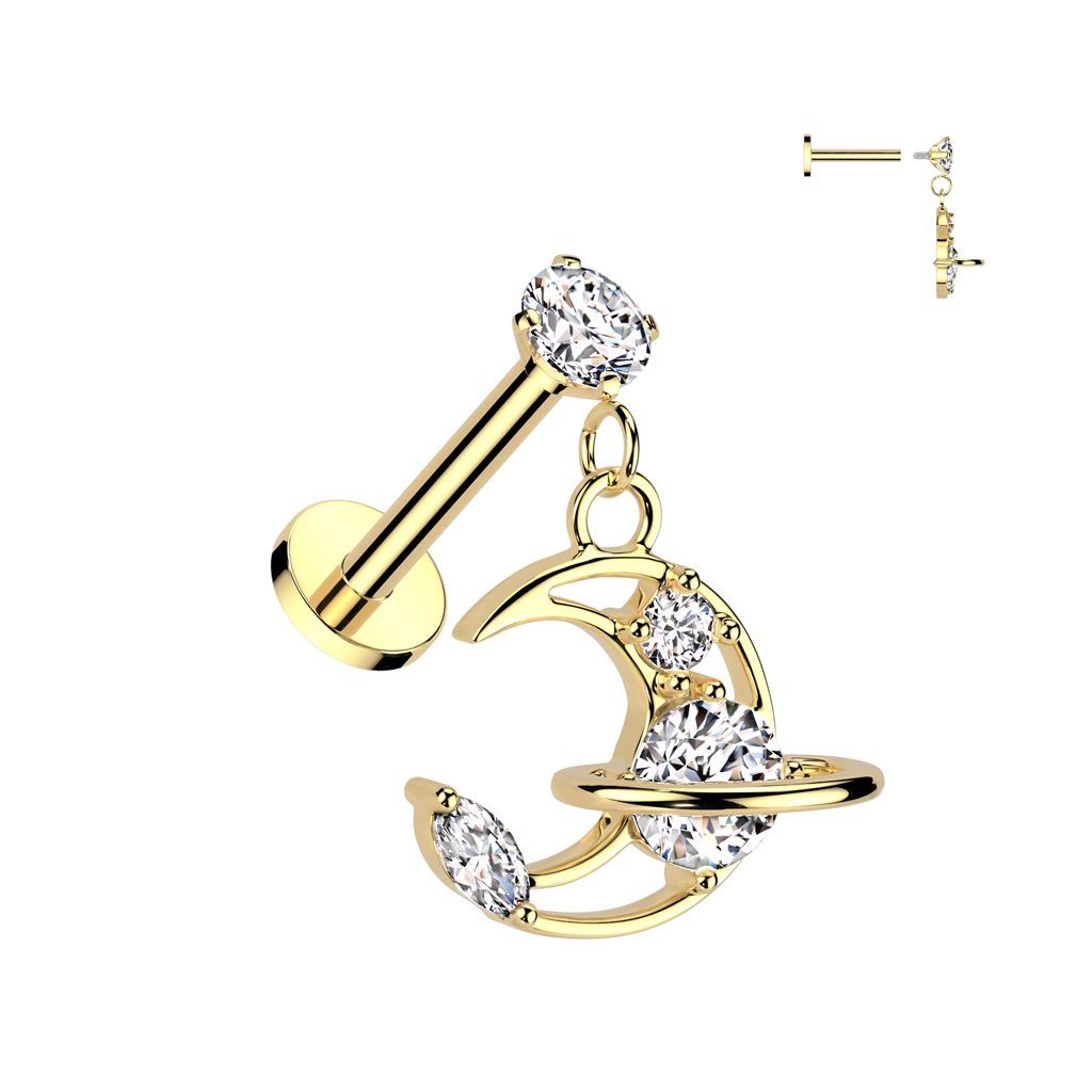 316L Surgical Steel Internally Threaded Round Prong Set CZ Top With CZ Saturn Ring Crescent Moon Dangle Labret Flat Back Stud
