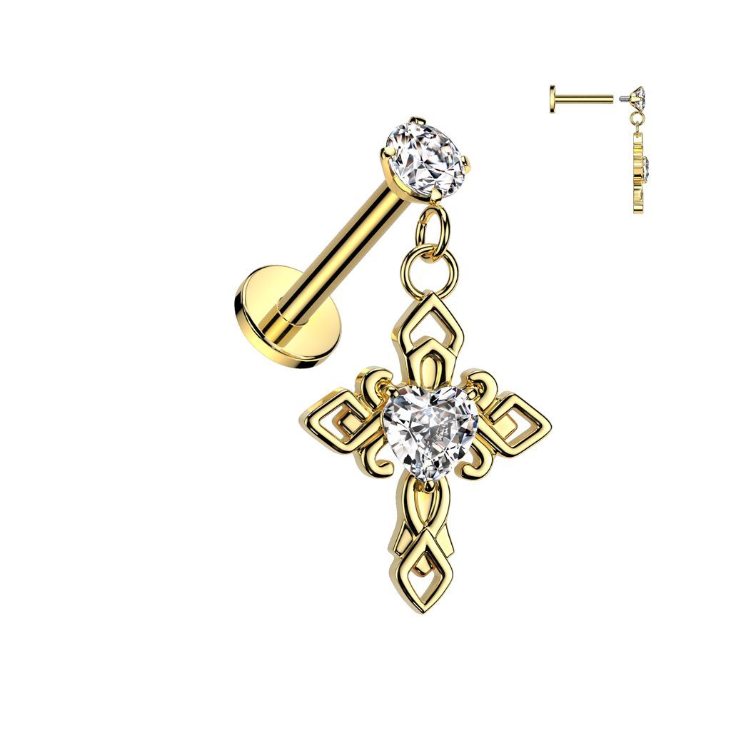 316L Surgical Steel Internally Threaded Round Prong Set CZ Top With Heart CZ Center Celtic Cross Dangle Labret, Flat Back Stud