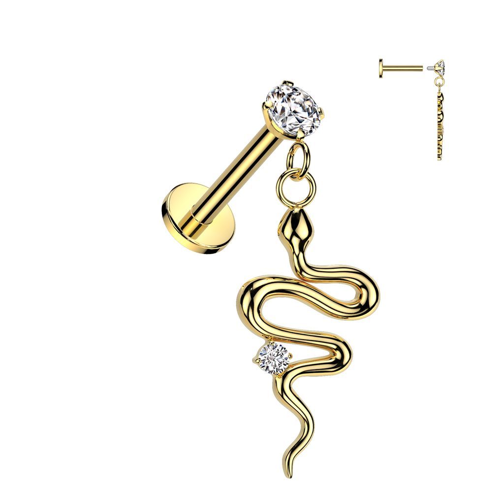 316L Surgical Steel Internally Threaded Round Prong Set CZ Top With Snake Dangle Labret Flat Back Stud