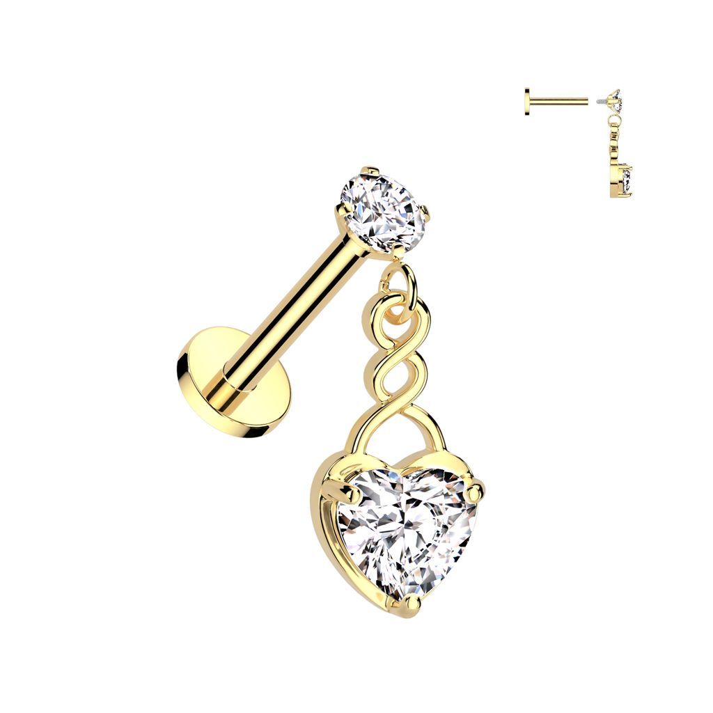 316L Surgical Steel Internally Threaded Round Prong Set CZ Top With CZ Heart Dangle Labret Flat Back Stud