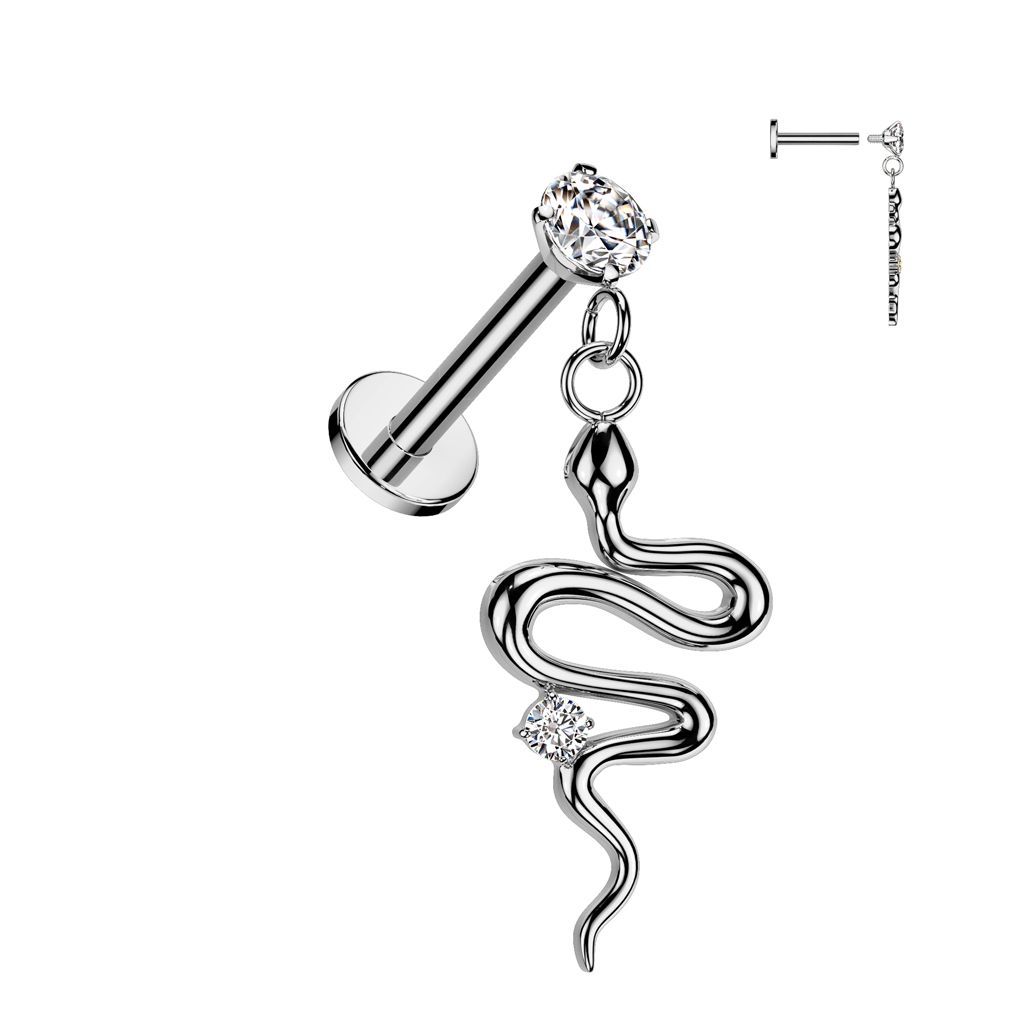 316L Surgical Steel Internally Threaded Round Prong Set CZ Top With Snake Dangle Labret Flat Back Stud