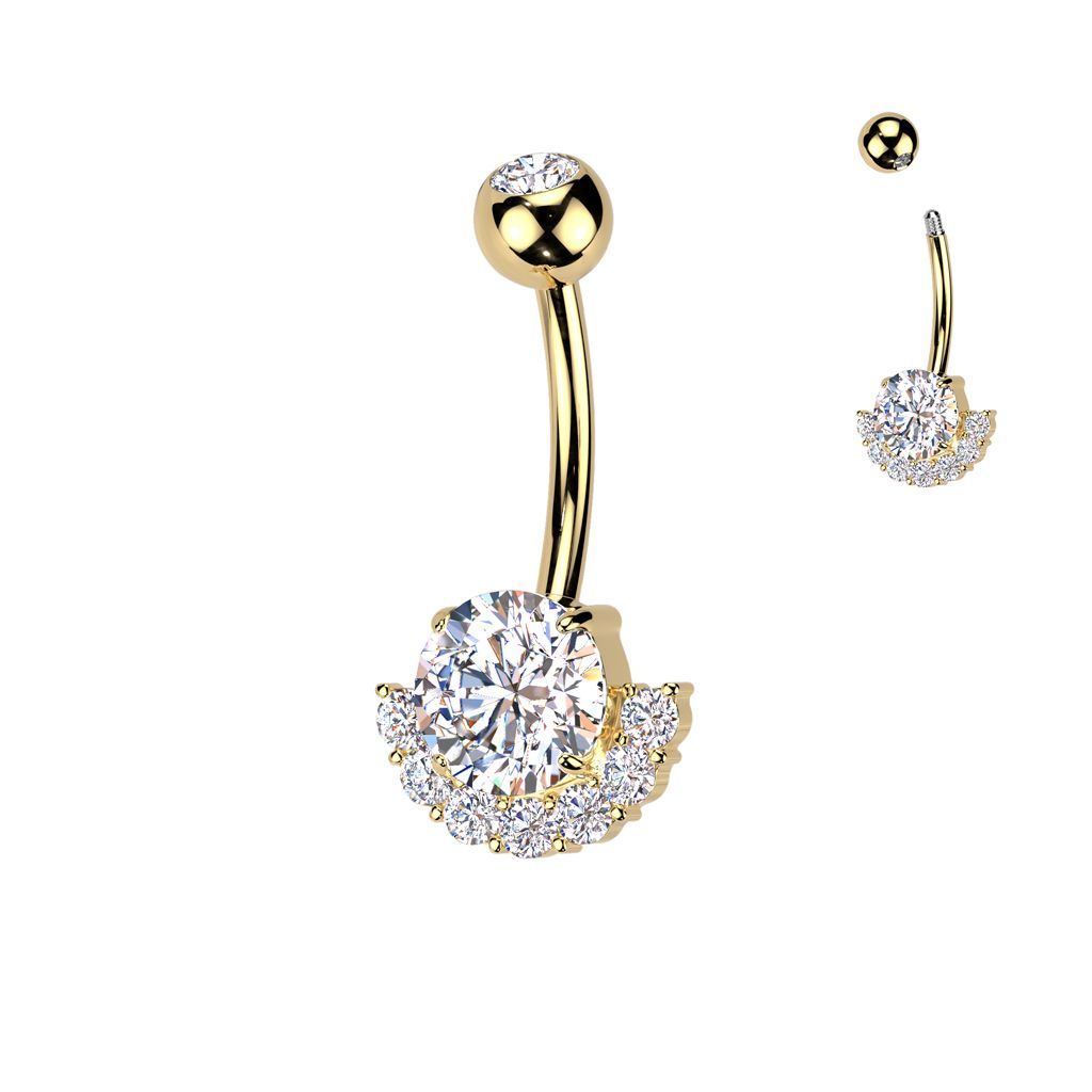 Implant Grade Titanium With Bezel Set CZ Top With Brass Round CZ Center And Arch CZ Belly Button Ring