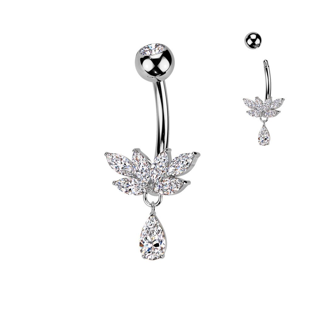 Implant Grade Titanium Bezel Set CZ Top With Brass Marquise CZ Fan And CZ Teardrop Dangle Belly Button Ring
