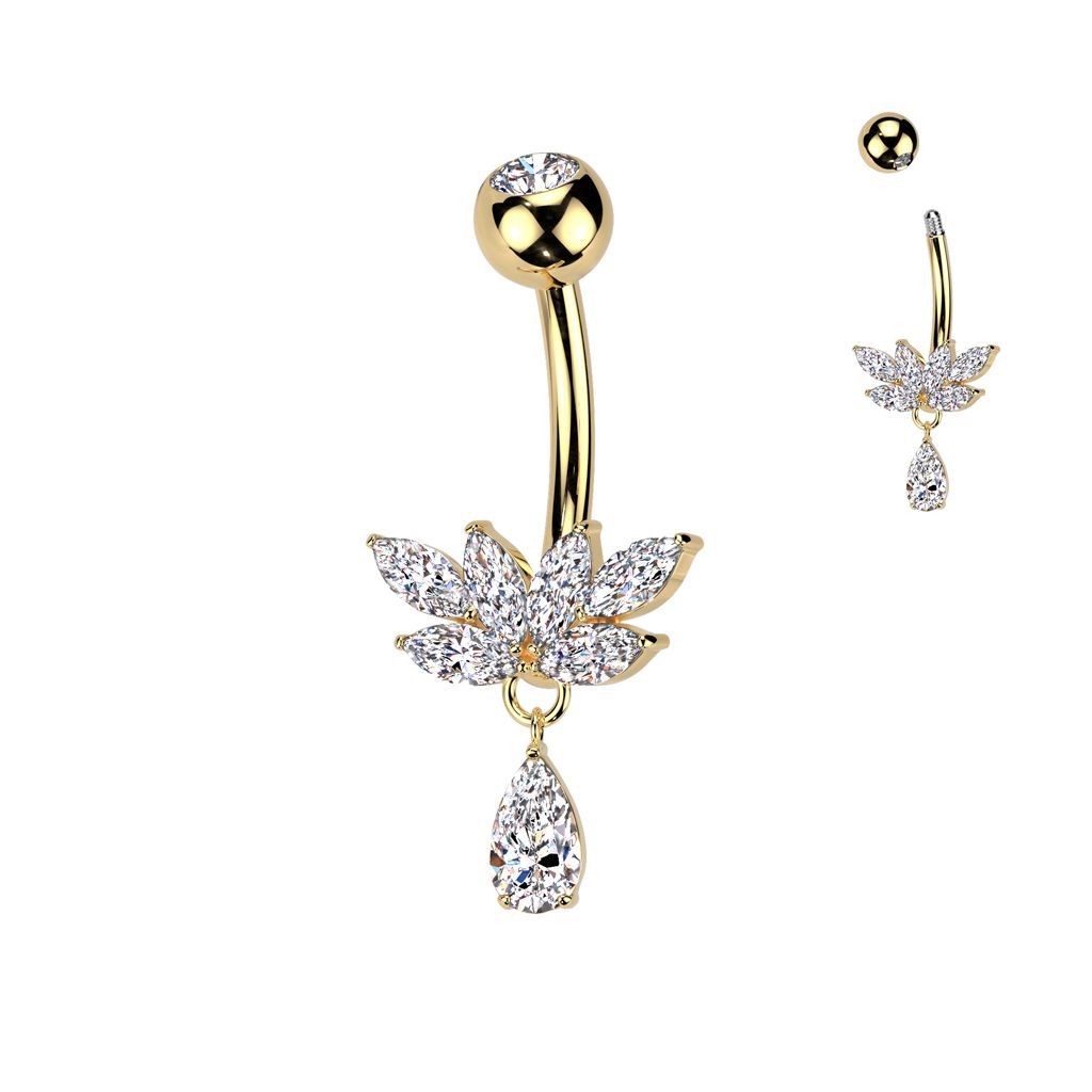 Implant Grade Titanium Bezel Set CZ Top With Brass Marquise CZ Fan And CZ Teardrop Dangle Belly Button Ring