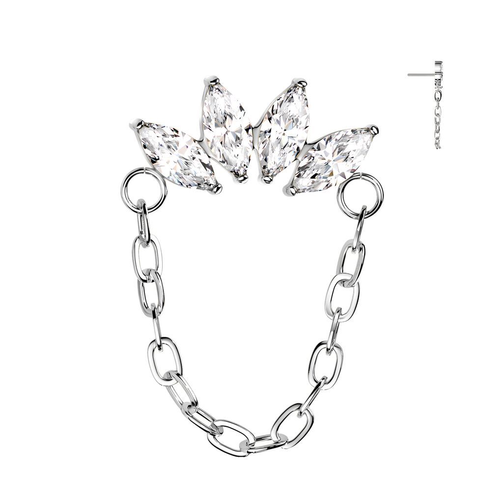 Implant Grade Titanium Threadless Push In Chain Linked 4 Marquise CZ Fan Top