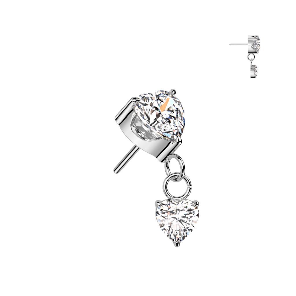 Implant Grade Titanium Threadless Push In Prong Set Heart CZ Top With Prong Set Heart CZ Dangle
