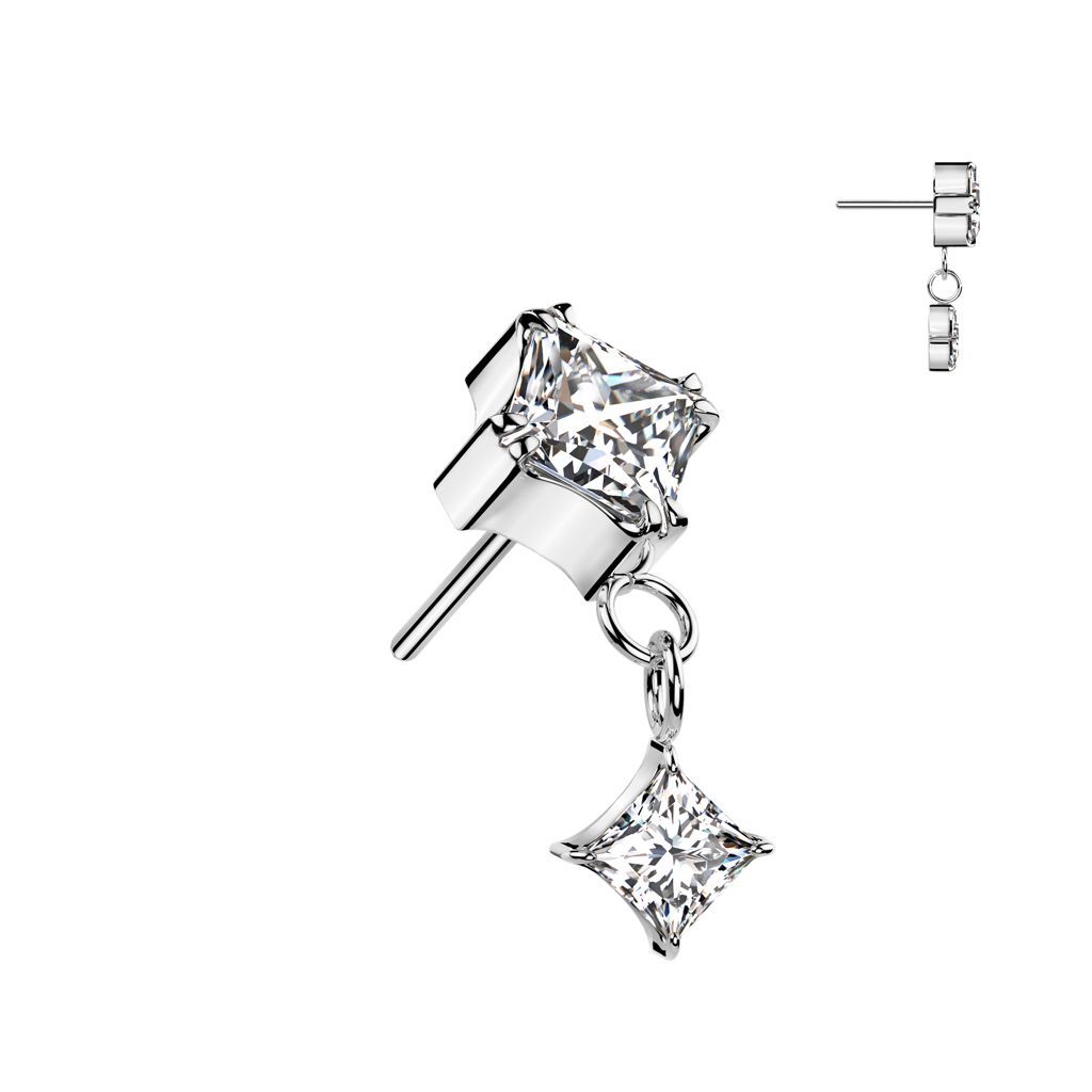 Implant Grade Titanium Threadless Push In Prong Set Diamond CZ Top With Prong Set Diamond CZ Dangle