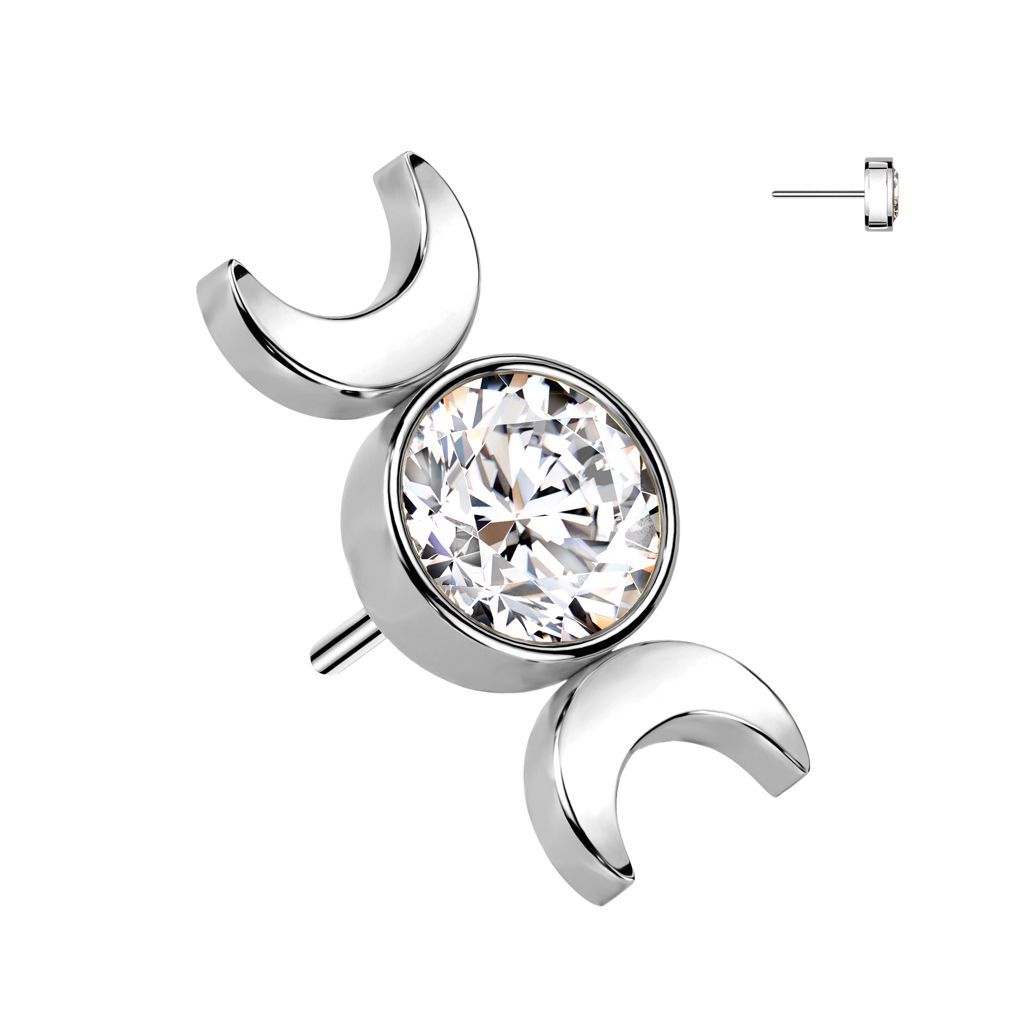 Implant Grade Titanium Threadless Push In Round Bezel Set CZ Top With Double Crescent Moon