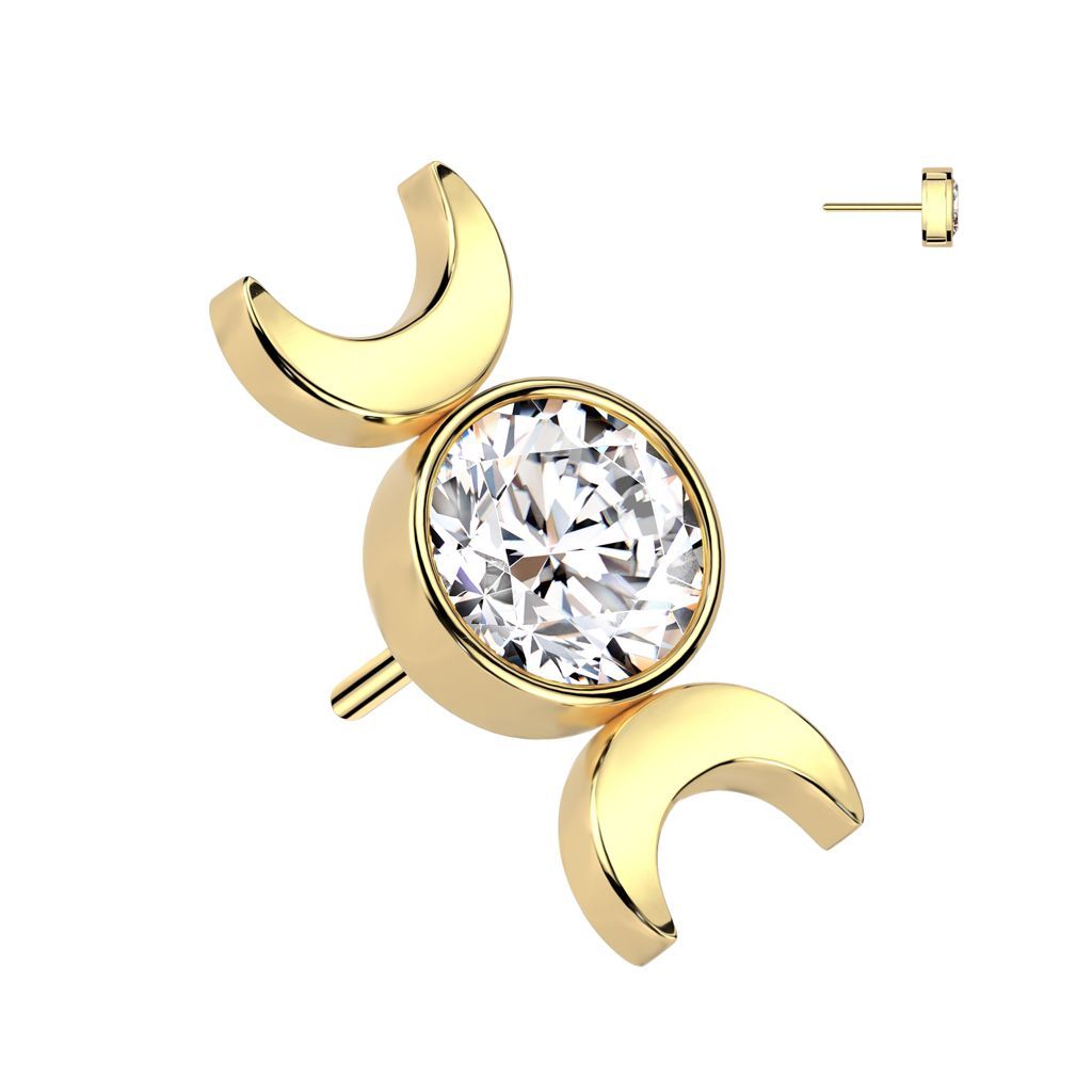 Implant Grade Titanium Threadless Push In Round Bezel Set CZ Top With Double Crescent Moon