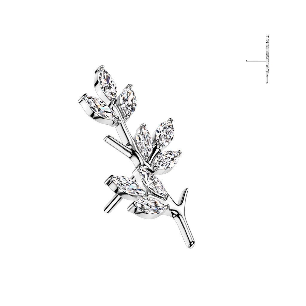 Implant Grade Titanium Threadless Push In Vine With Marquise CZ Leaves Top