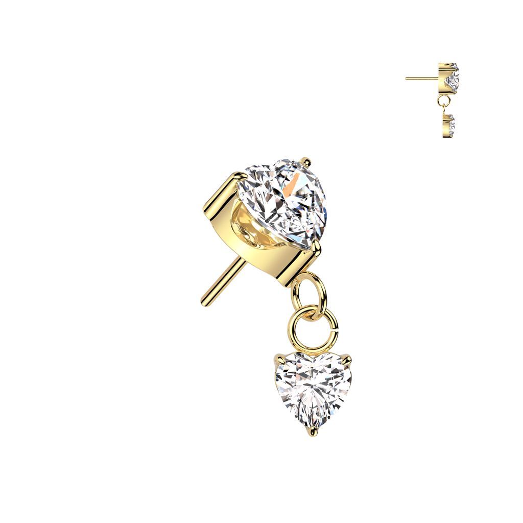 Implant Grade Titanium Threadless Push In Prong Set Heart CZ Top With Prong Set Heart CZ Dangle
