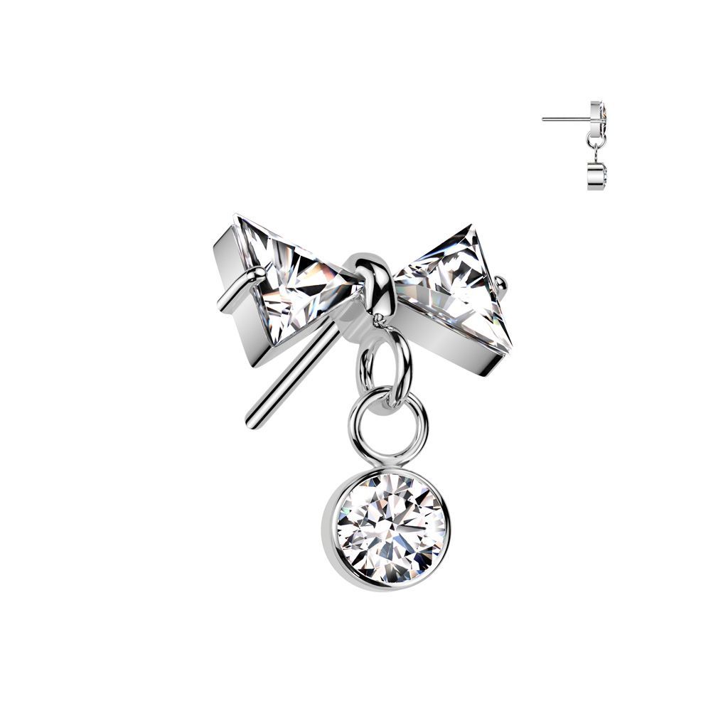 Implant Grade Titanium Threadless Push In CZ Bowtie Top With Bezel Set CZ Dangle