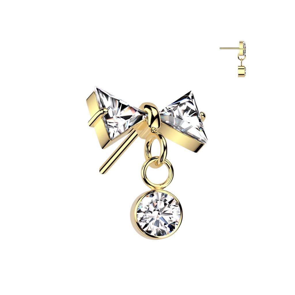 Implant Grade Titanium Threadless Push In CZ Bowtie Top With Bezel Set CZ Dangle