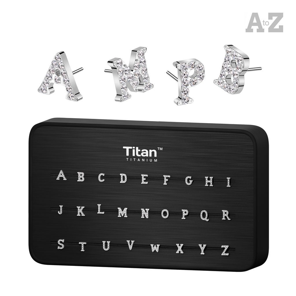 Implant Grade Titanium Threadless Push In CNC Set CZ Paved Alphabet Initial Top. 26 Pcs With Titan Display Pack